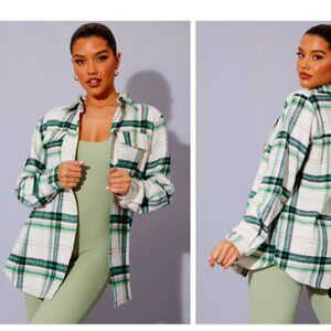 Prettylittlething green checked pocket oversized Shacket Size M NWT